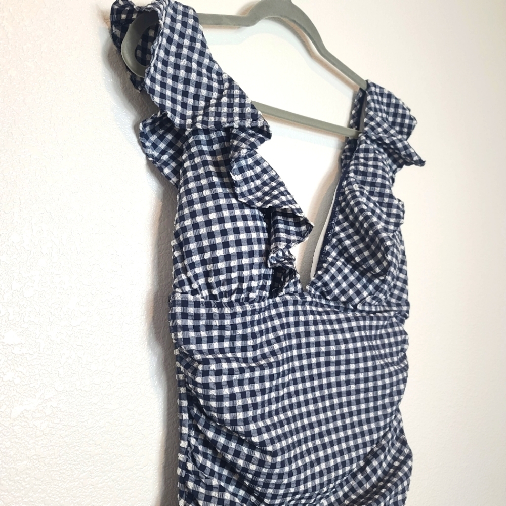 NWT J.Crew Ruched Ruffle One-piece Swimsuit In Classic Gingham in Blue Size 14 - Picture 11 of 13